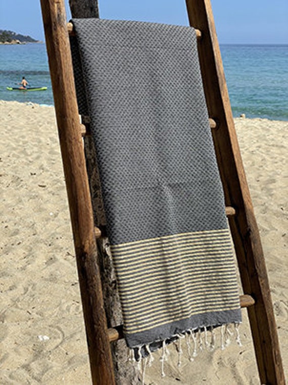 Fouta Tunisienne 100% Coton - Nid d'abeille Lurex Doré Gris Foncé Serviette de Plage Bain 1M X 2M