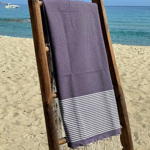 Tunisian Fouta 100% Cotton - 1m x 2m - Honeycomb Fine Purple Stripes - Beach Towel - Bath Towel