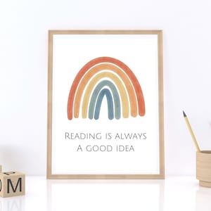 lendo pôster | Arco-íris | Lendo arte de parede | Pôster da biblioteca | Pôster da escola em casa | Decoração | Arte de parede | Minimalista | Canto de Leitura |
