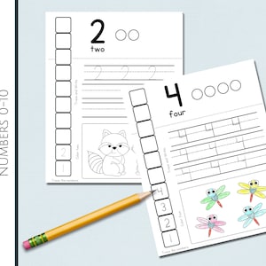 May include: Black and white printable worksheet for learning numbers 2 and 4. The worksheet includes tracing the numbers, counting objects, and coloring pictures. The worksheet features a raccoon and dragonflies.