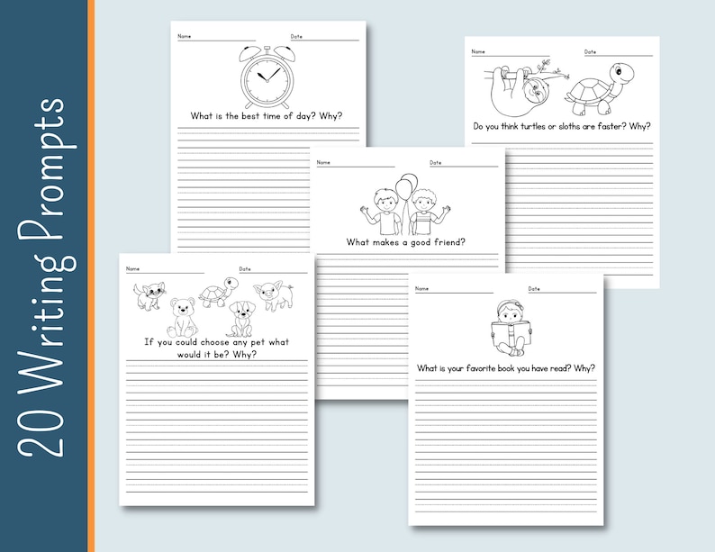 May include: Black and white printable writing prompts for kids. The prompts include questions about the best time of day, what makes a good friend, and what their favorite book is.