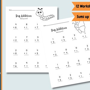 12 Bug Theme Addition Worksheets | Math Worksheets | 12 Pages | Sums under 10 | 1st grade | Kindergarten | Printable Arithmetic | Homeschool