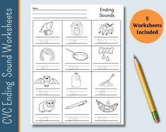 May include: Black and white worksheet with images of a yam, jar, ladybug, hair, pan, twist, bat, jug, shovel, yak, pen, and banana. The worksheet is titled "Ending Sounds" and has lines for writing the ending sounds of each word.