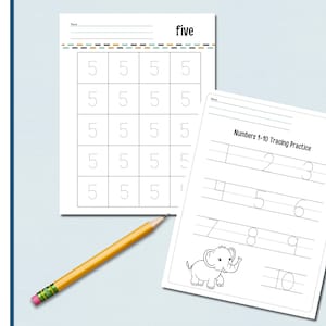 May include: Two printable worksheets for tracing numbers. The first worksheet has the number "five" written at the top and has a grid of 20 squares to practice writing the number 5. The second worksheet has the title "Numbers 1-10 Tracing Practice" and has lines for tracing the numbers 1 through 10. An illustration of an elephant is at the bottom of the page.