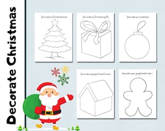 5 Decorate Christmas Pages | Kids Craft Pages |  5 Christmas Coloring Pages | Holiday Craft for Kids | Tree | Gifts |  | Gingerbread man |