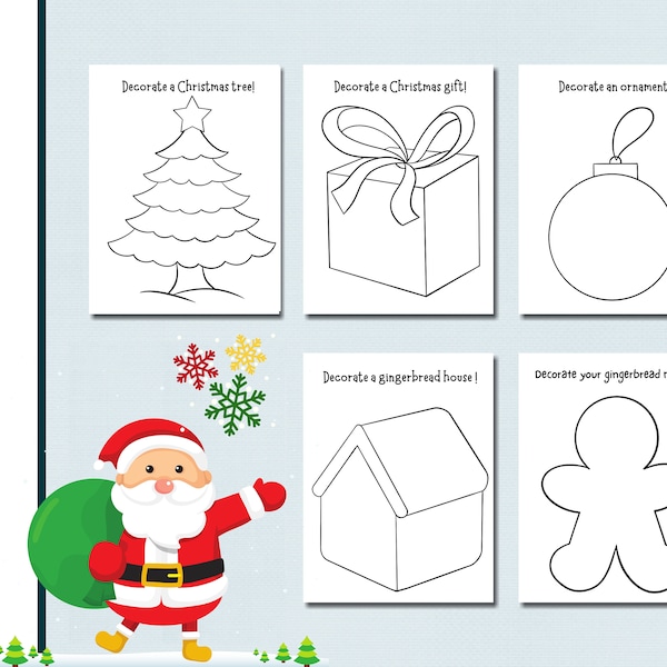 5 Decorate Christmas Pages | Kids Craft Pages |  5 Christmas Coloring Pages | Holiday Craft for Kids | Tree | Gifts |  | Gingerbread man |