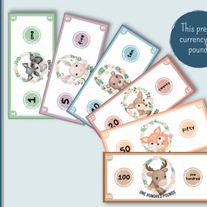 Waldtier Geld | Rollenspiel | Druckbar | Kindergeld | Mom Bucks | Geld lernen | Falsches Geld | Hausschule | Lernmittel | Pfund