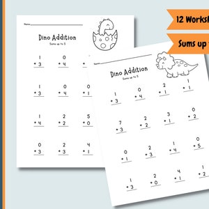 12 Dino-optelling-werkbladen | Wiskundige werkbladen | 12 pagina's | Bedragen onder de 10 | 1e leerjaar | Kleuterschool | Afdrukbare rekenkunde | Thuisschool