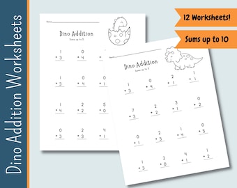 12 Dino Addition Worksheets | Math Worksheets | 12 Pages | Sums under 10 | 1st grade | Kindergarten | Printable Arithmetic | Homeschool