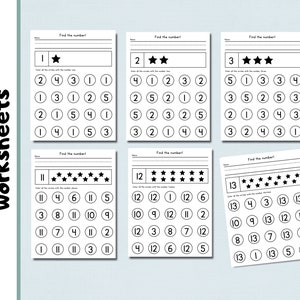 May include: A set of six number recognition worksheets. Each worksheet features a number and a series of circles with numbers inside. The instructions read "Find the number!" and "Color all the circles with the number shown."