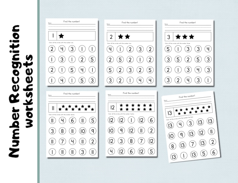 May include: A set of six number recognition worksheets. Each worksheet features a number and a series of circles with numbers inside. The instructions read "Find the number!" and "Color all the circles with the number shown."