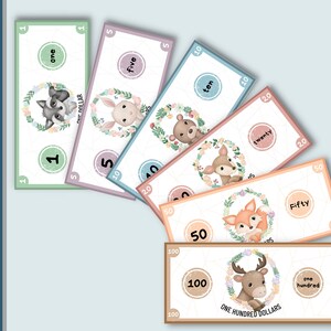 May include: A set of printable play money featuring forest animals. The bills are in denominations of $1, $5, $10, $20, $50, and $100. Each bill features a different animal, including a wolf, rabbit, bear, deer, fox, and moose. The bills are designed to look like real money, with a serial number, a portrait of the animal, and a floral border.
