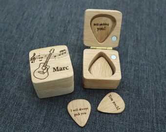 Personalized wooden guitar picks box, acoustic guitar with musical notations, natural oak wood, customized names