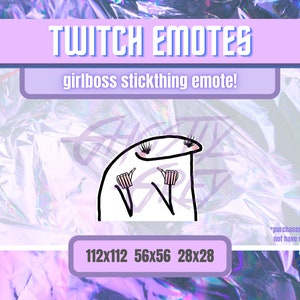 Op de afbeelding: Een digitale illustratie van een cartoonfiguur met grote ogen en wimpers, die met beide handen een duim omhoog geeft. De afbeelding is geplaatst op een paarse en blauwe holografische achtergrond met de tekst "TWITCH EMOTES girlboss stickthing emote!" en "ready to use!" in roze en oranje vakken. De tekst "112x112 56x56 28x28" staat in een roze vak onder het figuur. De tekst "purchased emote will not have watermark" staat in een wit vak in de rechterbenedenhoek.