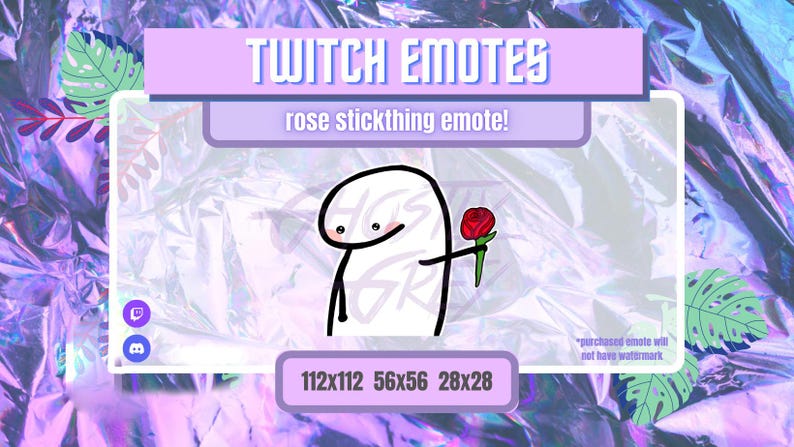 May include: A white stick figure holding a red rose, with the text "Twitch Emotes" and "rose stickthing emote!" in a purple banner. The text "112x112 56x56 28x28" is below the figure.