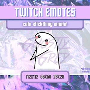 Może przedstawiać: Grafika w kolorze fioletowym i białym z tekstem "TWITCH EMOTES" i "cute stickthing emote!"  Widoczna jest kreskówkowa postać z patyków z rumieńcem na policzkach. Tekst "112x112 56x56 28x28" znajduje się na dole grafiki.