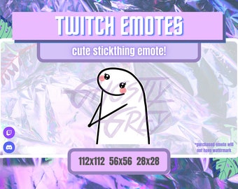May include: A purple and white graphic with the text "TWITCH EMOTES" and "cute stickthing emote!"  A cartoon stick figure with blush on its cheeks is shown. The text "112x112 56x56 28x28" is at the bottom of the graphic.