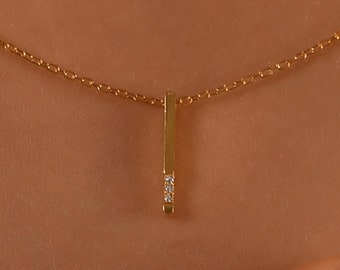 18k Gold Natural Diamond Vertical Bar Necklace, Dainty Diamond Bar Necklace, Rectangular Shaped Bar Necklace, Diamond Bar Necklace for Women