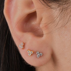 Diamond Tiny Stud Earrings, 18K Mini Trio Diamond Stud Earrings, 3 Stone Diamond Stud Earrings, Dainty Real Diamond Earrings, Gift for Her