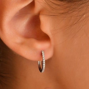 Diamond Cartilage Hoop Earring, 14k Gold Huggie Hoop Earrings, Mini Diamond Hoop Earrings, Tiny Diamond Hoop Earrings, Single or Pair