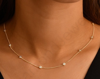 14k Gold Zirconia Necklace, Cubic Zirconia Necklace, Thin Zirconia Stone Necklace, Attached Diamond On Chain Necklace, Valentine Day Gift