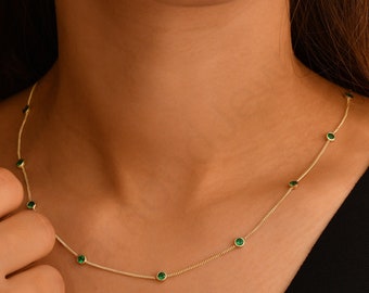 18K Gold Emerald Necklace, Green Emerald Necklace, Emerald Choker Necklace Beaded, Dainty Emerald Necklace, Emerald Chain Necklace