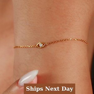 18k Gold Diamant Evil Eye Armband, Diamant Solitär Armband, Mini Evil Eye Armband, zierliche Diamant Armband, kleine Evil Eye Armband