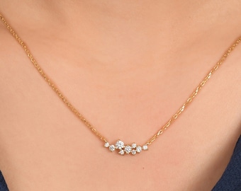 Diamond Cluster Necklace, Cluster Necklace in 14k Gold, Diamond Cluster Necklace for Women, Dainty Diamond Necklace, Christmas Gift