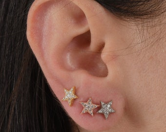 18K Diamond Star Earrings, Natural Diamond Earrings, Diamond Star Stud Earrings, Mini Star Gold Earrings, Elegant Diamond Star Earrings