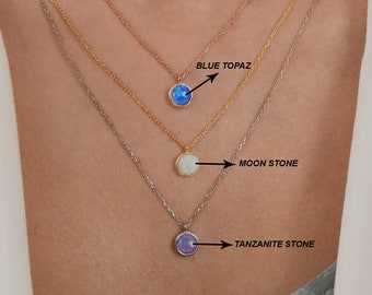 18K Solid Gold Blue Opal Necklace, Opal Stone Necklace, 14K Gold Necklace, Moon Stone Necklace, Tanzanite Gemstone Necklace, Gift for Her