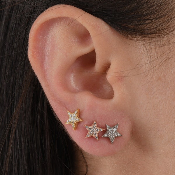 18K Diamond Star Earrings, Natural Diamond Earrings, Diamond Star Stud Earrings, Mini Star Gold Earrings, Elegant Diamond Star Earrings