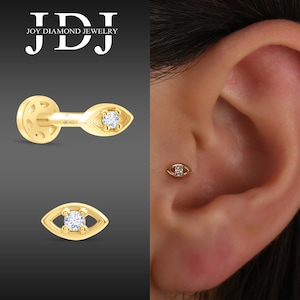 Mini Diamond Evil Eye Piercing, 14K Gold Minimal Eye Diamond Tragus Piercing, Evil Eye Diamond Tragus Earrings, Screw Back Piercing Earrings