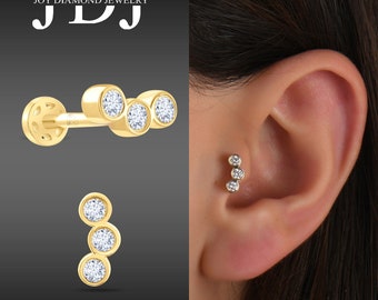 Real Diamond Helix Earrings, 18K Gold Cartilage Earring, Diamond Flat Back Tragus, Dainty Diamond Piercing, Trio Diamond Piercing Earrings