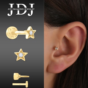 Diamond Star Piercing Earrings, 18k Solid Gold Star Piercing, Diamond Star Earrings, Solitaire Diamond Earrings, Tiny Star Cartilage Earring