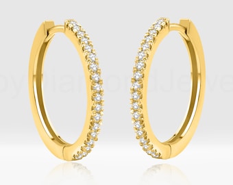 14k Gold Diamond Huggie Earrings, Solid Gold Hoops
