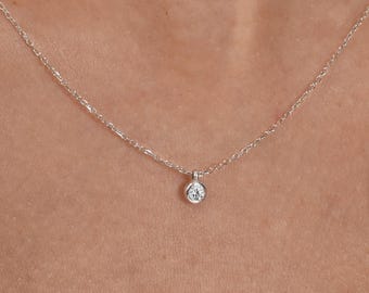 18K Solid Gold Diamond Solitaire Necklace, Dainty Bezel Set Pendant, Minimalist Layering Jewelry Gift