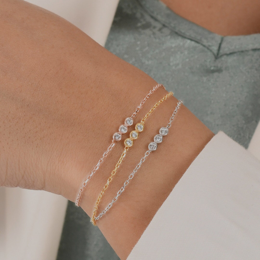 Diamond Bracelet, 14k Gold Bezel Setting Diamond Bracelet, Real Diamond