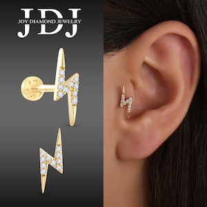 Aretes de rayo de 18 quilates, aretes de rayo de diamantes, aretes delicados con forma de rayo, aretes de cartílago con cierre de rosca, aretes de diamante para trago.