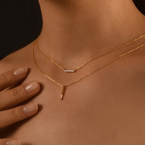 Diamond Bar Necklace, 14K Gold Diamond Bar Necklace, Small Diamond Necklace, Dainty Diamond Bar Necklace, Minimalist Bar Diamond Necklace