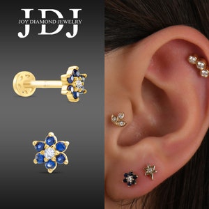 Flower Tragus Piercing, Sapphire Cartilage Piercing Earring, Flower Design Sapphire Earring, Dainty Flower Diamond Earring, Diamond Piercing