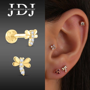 Dainty Dragonfly Piercing Earring, Cartilage Dragonfly Earring, 18K Gold Screw Back Piercing, Diamond Dragonfly Earring, Diamond Piercing