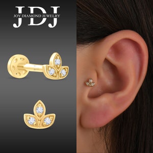 Natural Diamond Lotus Piercing, 18K Gold Cartilage Earring, Tiny Lotus Flower Tragus Earring, Minimal Diamond Tragus Piercing, Lotus Earring