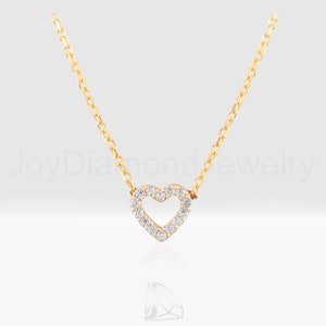 18K Solid Gold Natural Diamond Heart Necklace, Dainty Open Frame Pendant, Mini Romantic Jewelry Gift