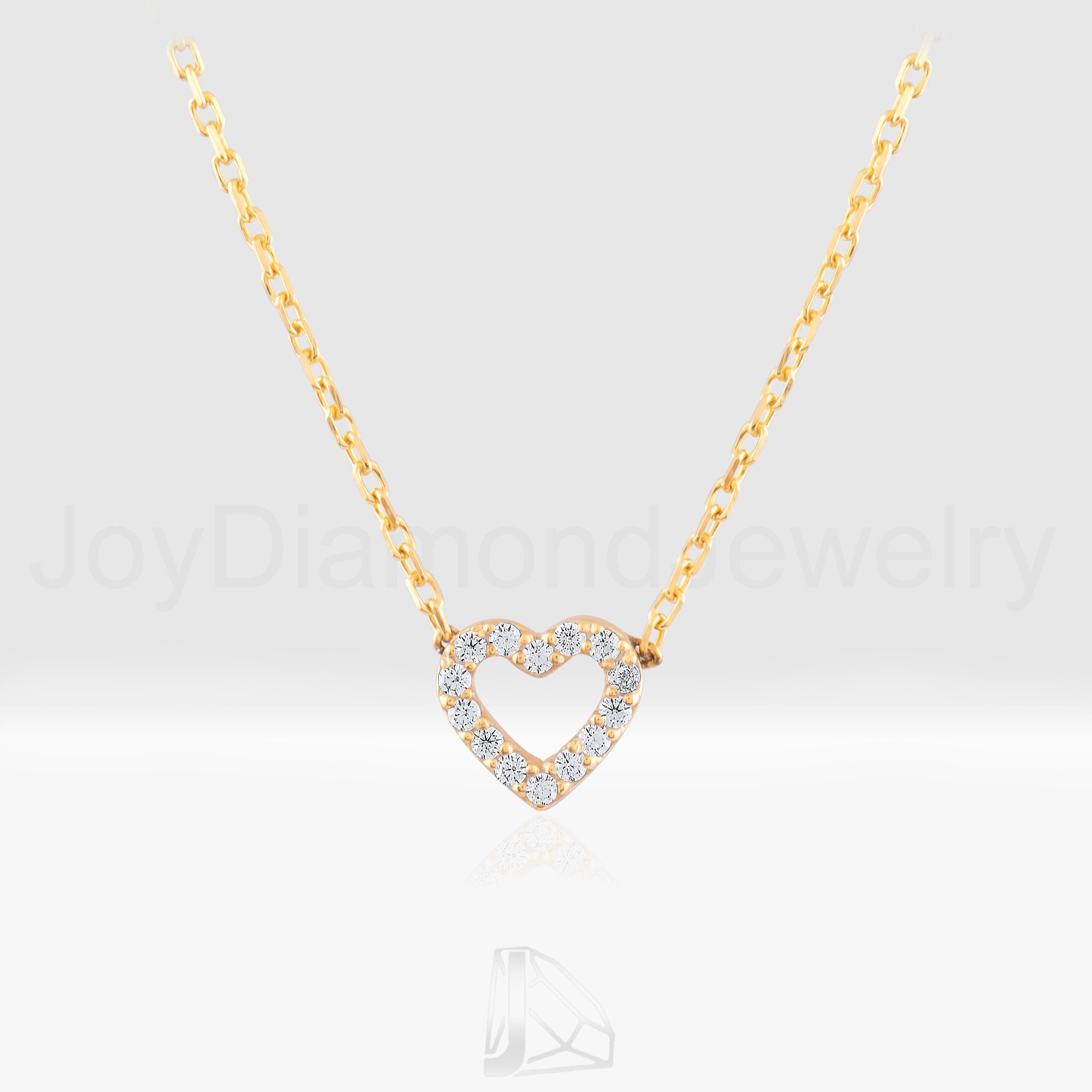 18K Solid Gold Heart Necklace, Dainty Diamond Heart Necklace, Diamond Open Heart Necklace, Mini Diamond Heart Necklace, Small Heart Necklace