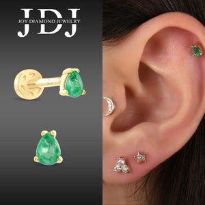 Orecchini pendenti con smeraldo per cartilagine, orecchini in oro massiccio 14 carati, piercing con smeraldo naturale, orecchini con smeraldo e pietra preziosa naturale, orecchini con smeraldo in oro