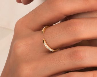 Pierścionek z diamentowym mankietem z litego złota 14k, nowoczesna obrączka z pazurami, smukły, minimalistyczny pierścionek