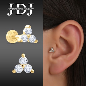 Mini orecchini a tre diamanti, orecchini a tre diamanti per cartilagine, orecchini a piercing con diamanti in oro 18 carati, orecchini a perno a tre piccoli, orecchini a tre diamanti