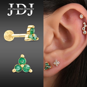Natural Emerald Tragus Piercing, 14K Solid Gold Emerald Piercing, Trio Emerald Piercing, Emerald Cartilage Tragus Piercing, Handmade Jewelry