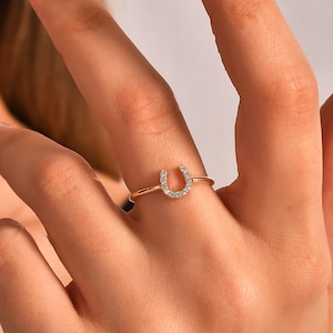 18k Gold Mini Diamond Horseshoe Ring, Lucky Horseshoe Diamond Ring, Natural Diamond Horseshoe Ring, 14k Gold Dainty Diamond Horseshoe Ring