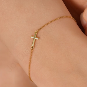 14k Gold Cross Bracelet, Dainty Religious Bracelet, Christian Gifts for Women, Tiny Cross Bracelet Gift, Mini Sideways Cross Bracelet